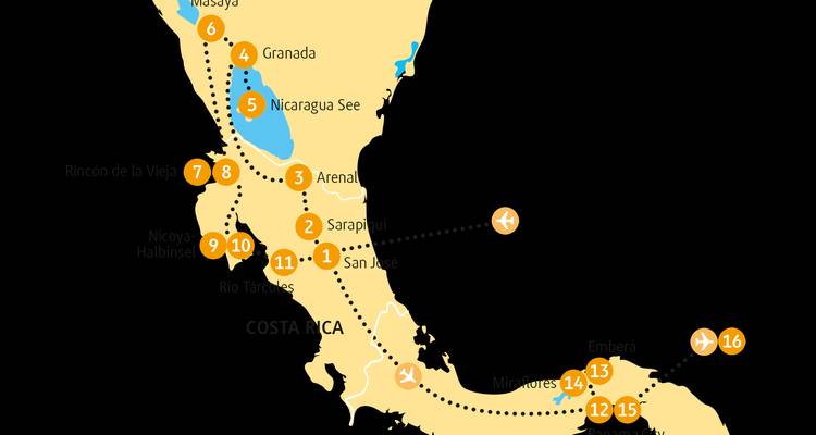 Stilisierte Kartendarstellung mit einem Reiseverlauf durch Nicaragua, Costa Rica und Panama mit nummerierten Haltestellen.