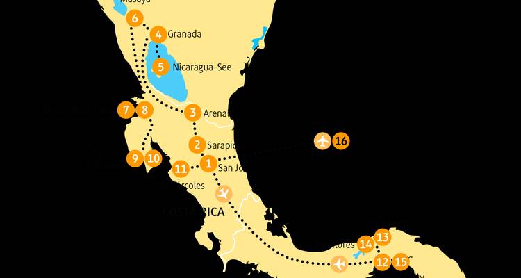 Reisekarte mit nummerierte Ziele in Nicaragua, Costa Rica und Panama.