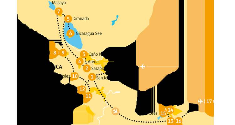 Zweites Panel der Mittelamerika-Reiseroute-Karte mit nummerierten Haltestellen und gepunkteten Routen.