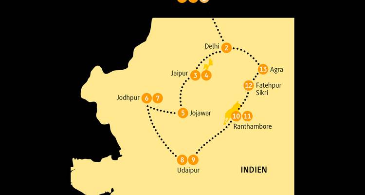 Illustrated itinerary map highlighting a travel route through northern India.