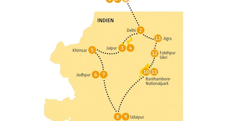 Map highlighting destinations in India.