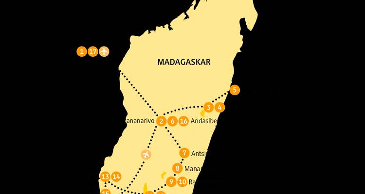 Karte von Madagaskar mit markierten Orten und Routen.