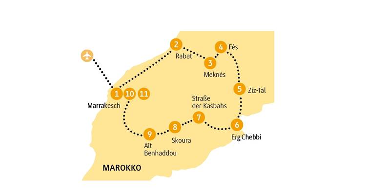 Karte von Marokko mit eingezeichneter Reiseroute und Städtenamen.