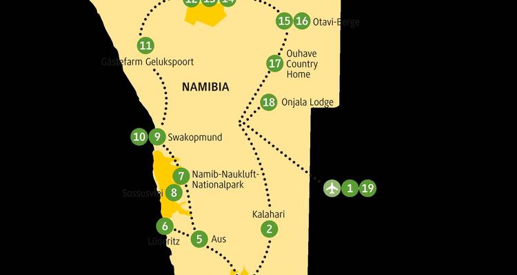 Map illustration of Namibia showing various locations and a travel route.