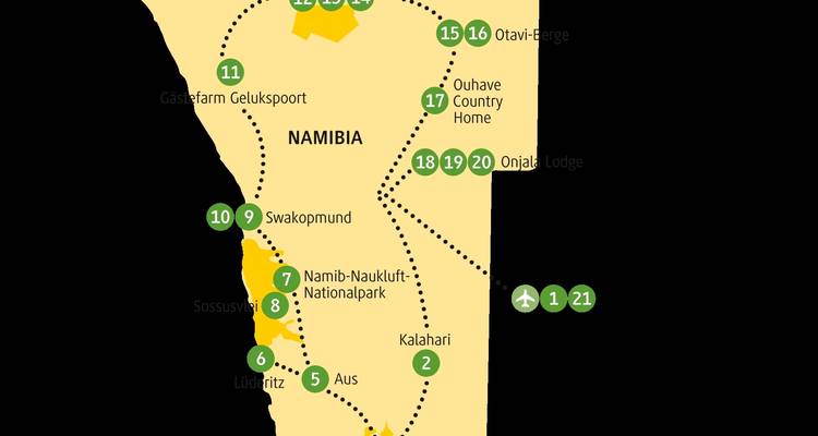 Map showing travel route through Namibia.