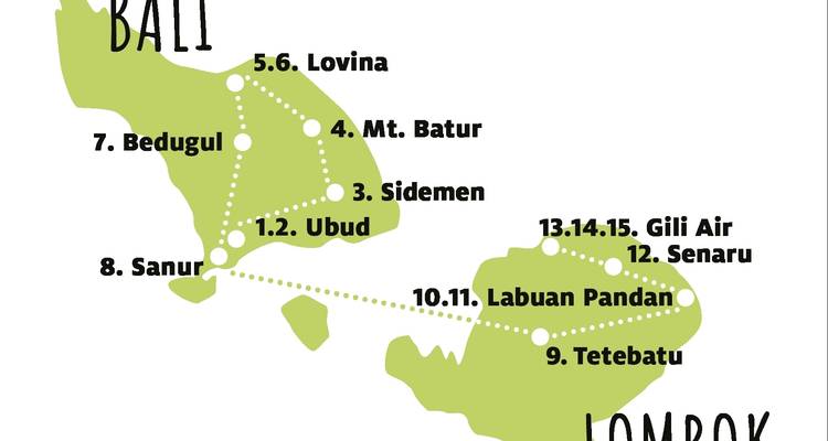 Karte der Reiseroute von Bali und Lombok.