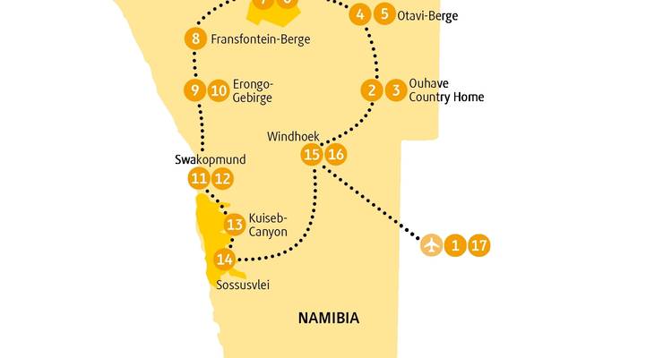 Illustrative Karte von Namibia mit touristischen Standorten und Routen.