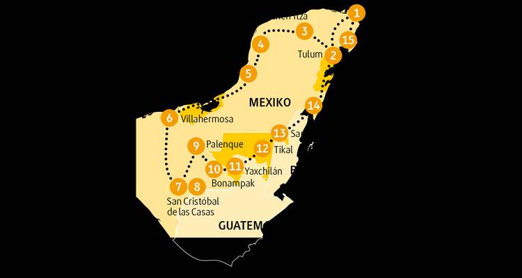 Illustrierte Routenkarte der Yucatan-Halbinsel von Mexiko mit nummerierten Haltestellen.