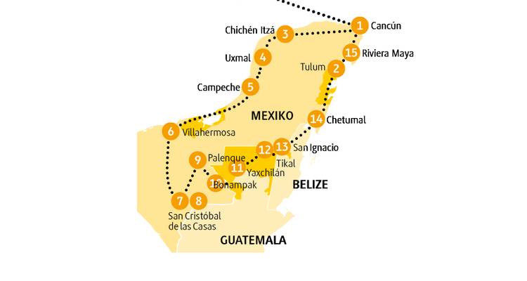 Farbenfrohe Reisekarte, die Teile von Mexiko, Belize und Guatemala abdeckt, mit gepunkteten Reisestrecken.