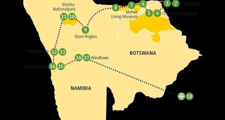 Map depiction of travel routes in Namibia and neighboring countries