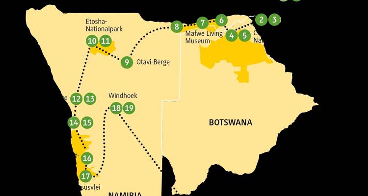 Map showing travel route through Namibia and Botswana.