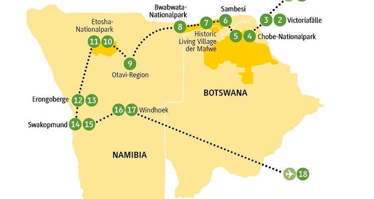 Map showing a route through Namibia.