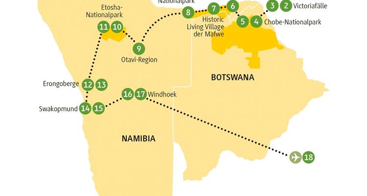 Map of a tour itinerary in Namibia and Botswana.
