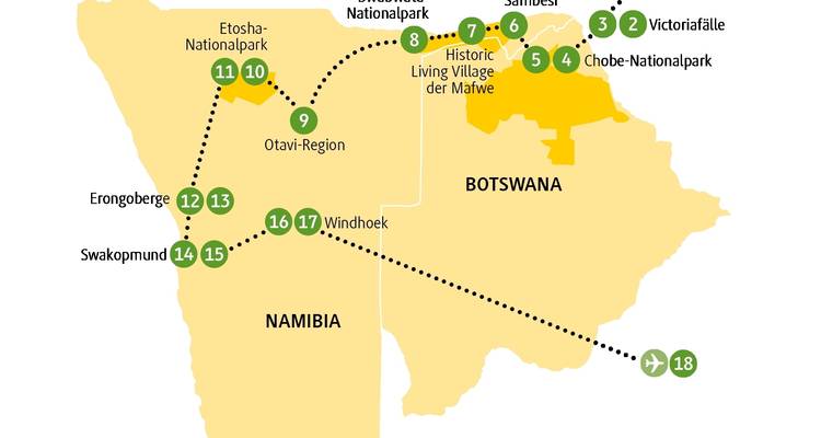 Illustrative map of Botswana and Namibia showing key locations.