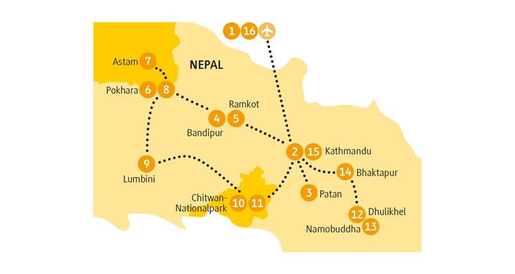 Mapa que ilustra la ruta de viaje en Nepal.