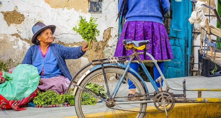 Vrouw die kruiden verkoopt op straat zittend naast een fiets.