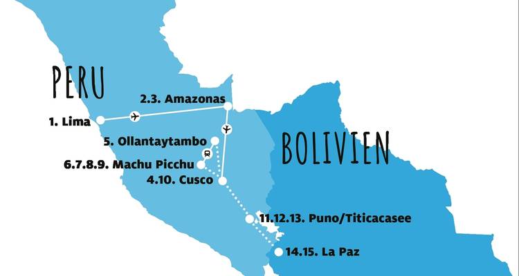 Mapa de regiones en Perú y Bolivia con ubicaciones marcadas.