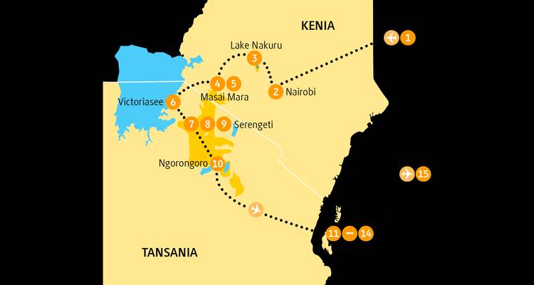 Karte mit Tanzania und Kenia mit markierten Standorten.