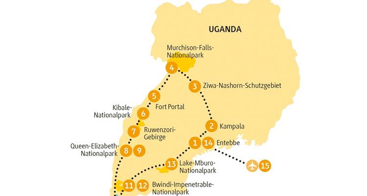 Karte von Uganda mit verschiedenen Nationalparks hervorgehoben.
