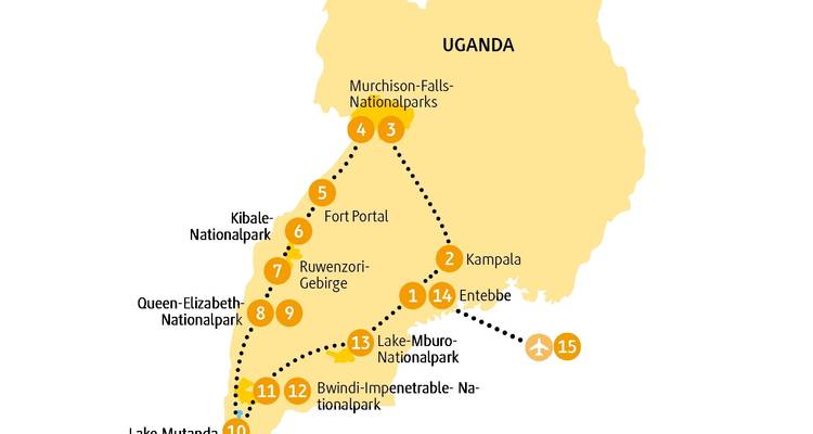 Karte der Touristenroute in Uganda mit verschiedenen Nationalparks und Städten.