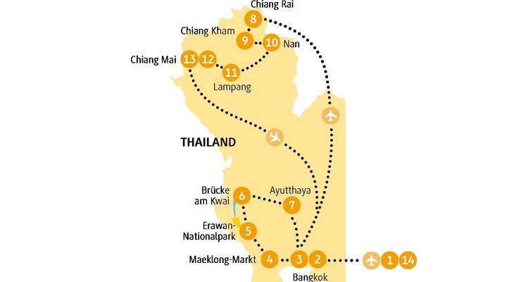 Karte von Thailand mit Darstellung der Reiseroute durch mehrere Städte.