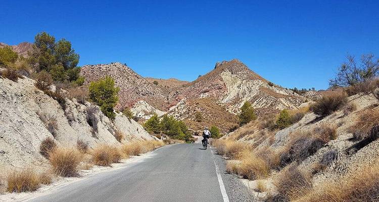 Radfahrer auf einer Straße in einer trockenen, felsigen Landschaft.