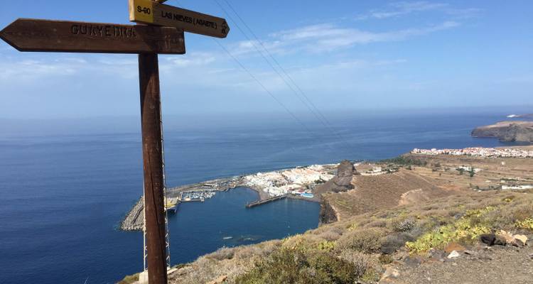 Vue côtière depuis un point élevé avec un panneau indicateur et l'océan.