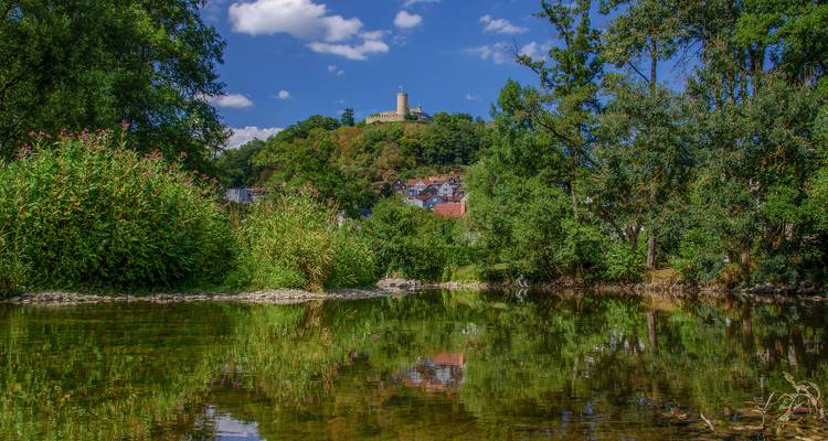 Scène de rivière bordée d'arbres avec une structure sur une colline en arrière-plan.