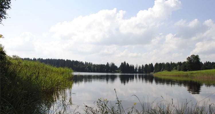 Serene lake with cloudy sky reflections.