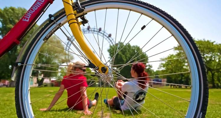 Fahrrad mit zwei Personen, die auf Gras entspannen, mit einem Riesenrad.