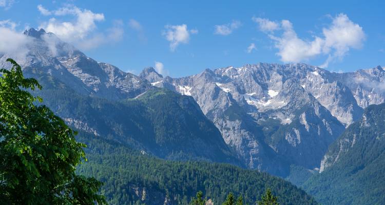 Eine Bergkette mit Schneeflecken und Bäumen.