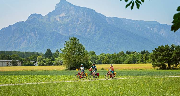 Radfahrer fahren durch ein offenes Feld mit einer Bergkulisse.