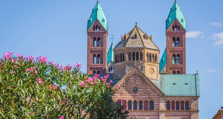Gros plan d'une cathédrale historique avec des dômes bleus et des détails ornés.