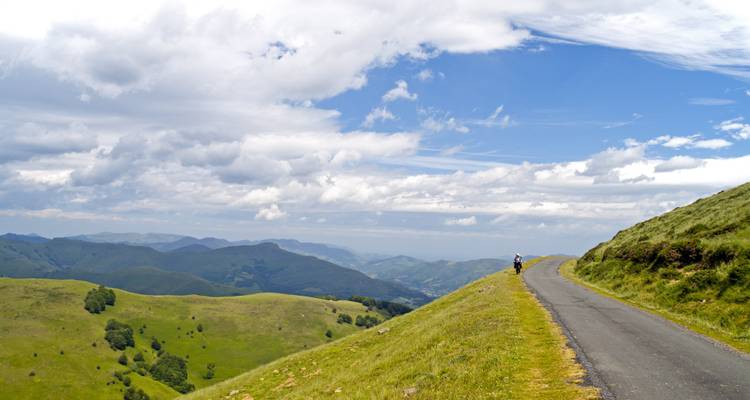 Cycliste sur une route ouverte à travers des collines verdoyantes ondulantes.