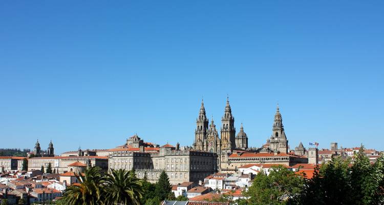 Panoramablick auf eine historische Stadt mit einer großen Kathedrale unter einem klaren blauen Himmel.