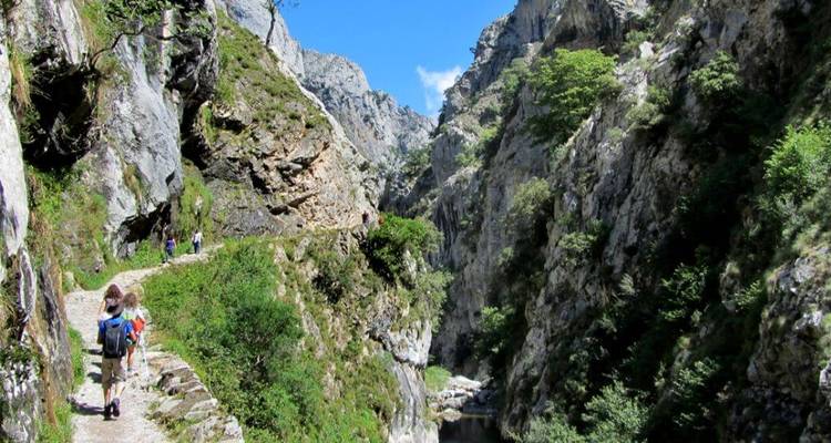 Des gens qui randonnent le long d'un sentier de montagne spectaculaire.