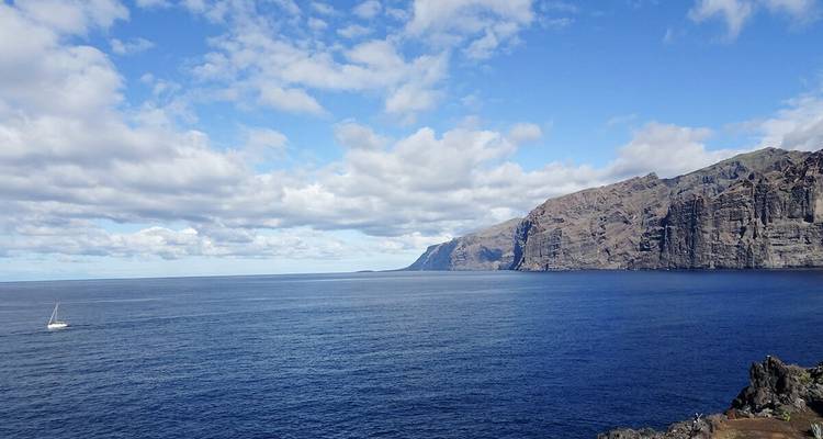 Wide expanse of ocean with rocky cliffs.