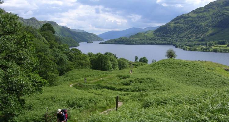 Eine üppige grüne Landschaft mit Wanderern und fernen Hügeln.