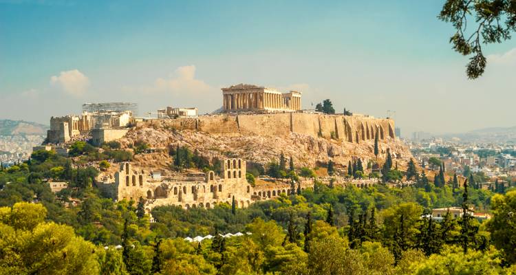 Ancient Acropolis hill with structures like the Parthenon.