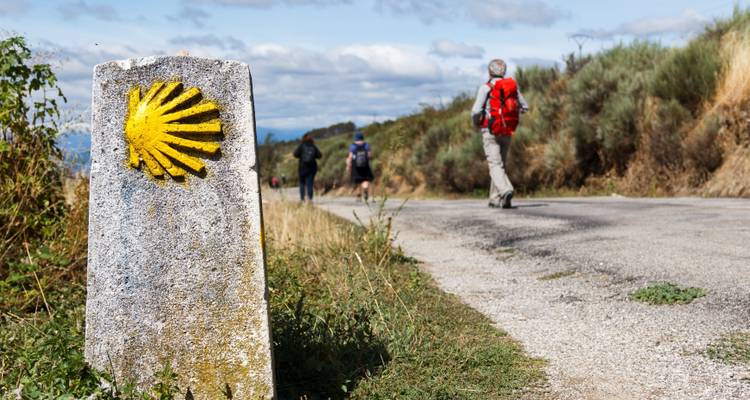 Borne kilométrique avec le symbole de coquille du Camino à côté d'un sentier avec des randonneurs