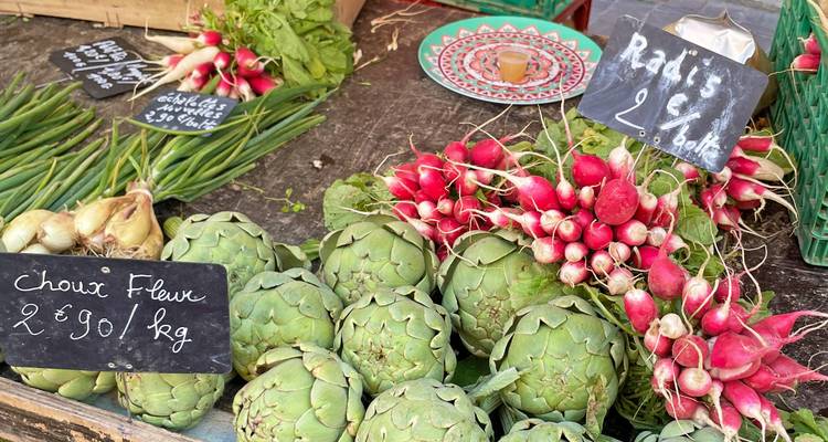 Étal coloré du marché fermier avec des artichauts, des radis, des légumes verts et des pancartes de prix écrites à la main.