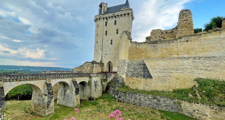 Tour de château en pierre médiévale et pont en arche dominant une campagne verdoyante sous un ciel menaçant.