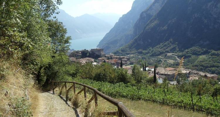 Malerischer Weg, der zu einer Seestadt mit Bergen führt.