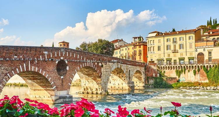 Le pont historique en briques rouges Ponte Pietra enjambe le fleuve Adige avec les bâtiments colorés de Vérone et des fleurs en avant-plan.