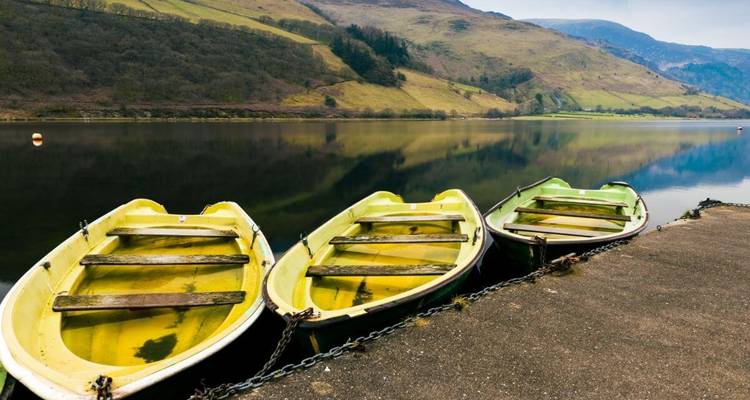 Drei gelbe Ruderboote ruhen an einem ruhigen Bergsee, der grüne Hügel spiegelt.