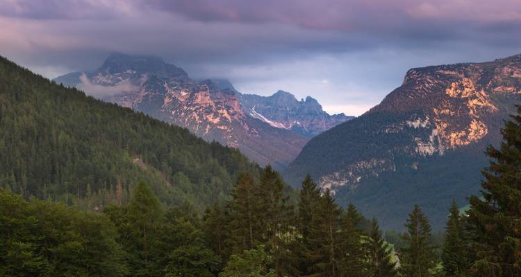 Alpine Landschaft mit dichtem Nadelwald im Vordergrund und zerklüfteten, teilweise schneebedeckten Gipfeln unter dramatischen, farbenfrohen Wolken.