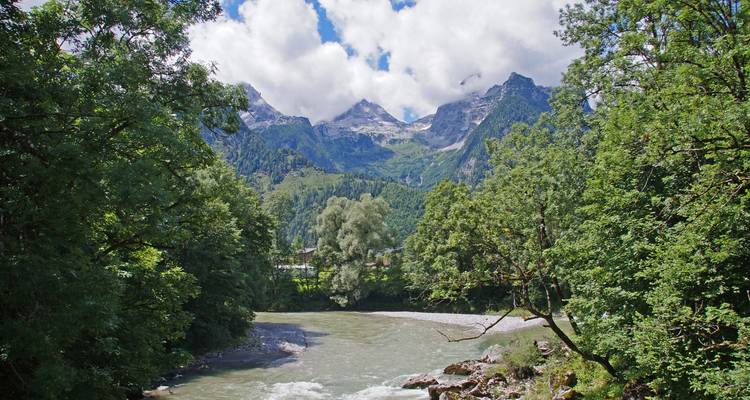 Bergfluss, der durch dichten Wald mit hohen Alpengipfeln und dramatischen Wolken im Hintergrund fließt.
