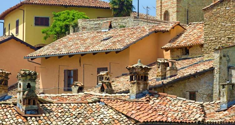 Toits de bâtiments historiques avec cheminées.