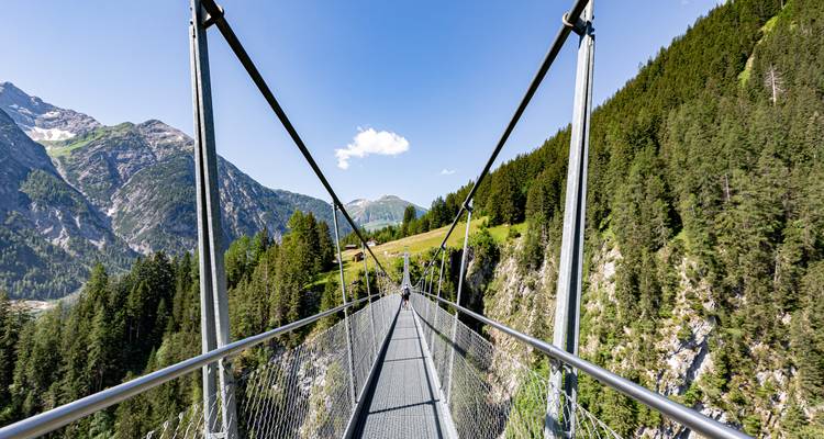 Pont suspendu au-dessus d'une vallée profonde avec des montagnes.