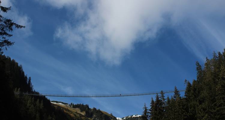 Pont suspendu sur fond de montagnes.